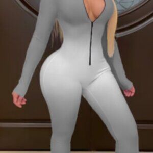 Grey Ombre Sexy Woman's Deep V-neck Long Pants Jumpsuit with Long Sleeve